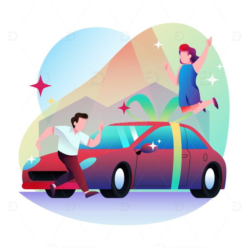 矢量扁平卡通购车欢呼卡通人物轿车