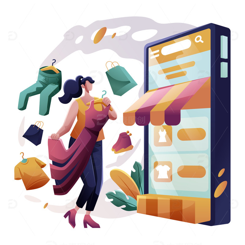 扁平矢量购物裙子服装商场手机逛街