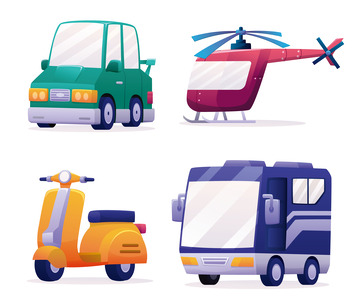 矢量扁平交通工具汽车电动车直升机