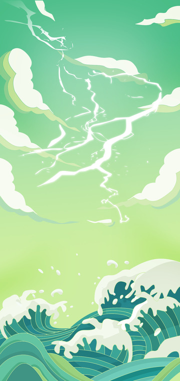 中国风惊蛰国潮春雷波浪白云黄色绿色背景