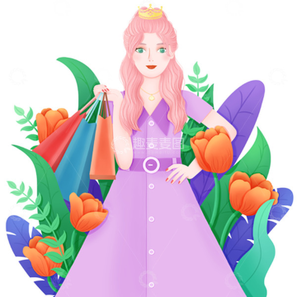 源文件下载【趣麦麦图】手绘三八女神节女王美女植物郁金香花朵插画