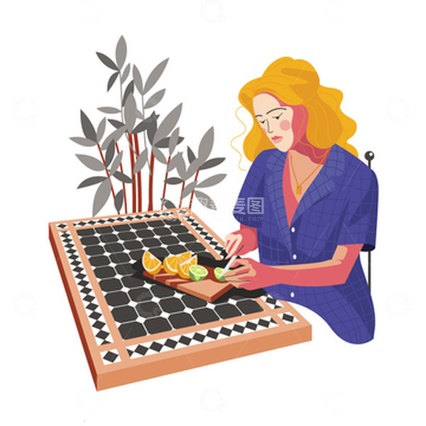 源文件下载【趣麦麦图】-扁平女人切橙子柠檬水果矢量元素