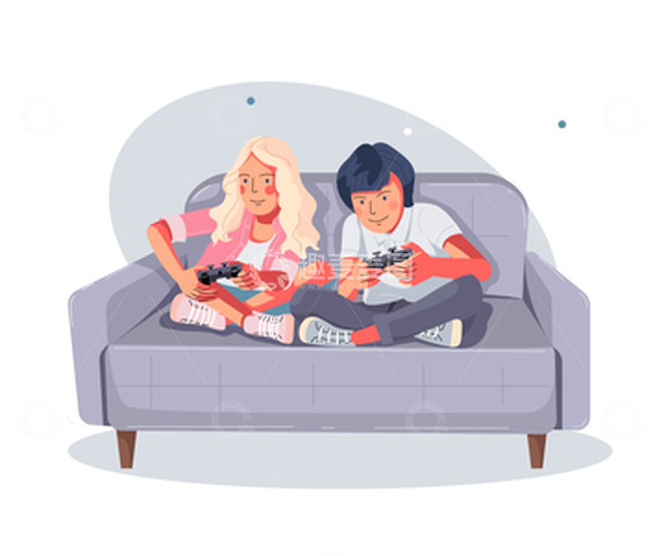 源文件下载【趣麦麦图】卡通男女沙发打游戏游戏手柄扁平矢量元素