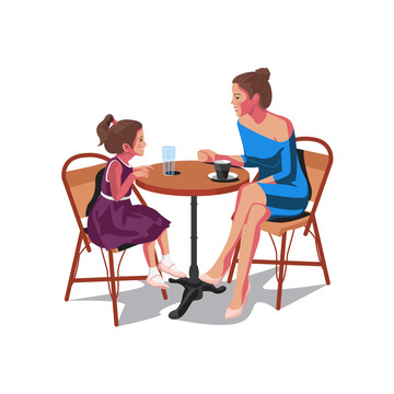 母女对话对坐喝茶聊天扁平矢量