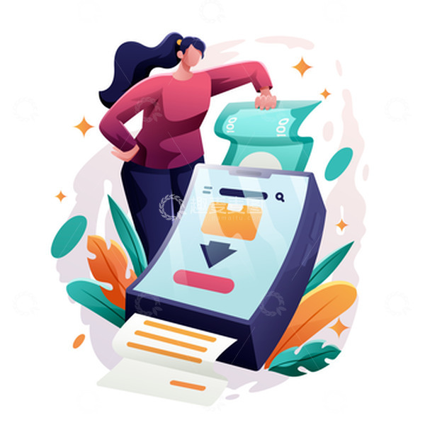 源文件下载【趣麦麦图】夸张风女性纸币钱币取款机取钱叶子金融