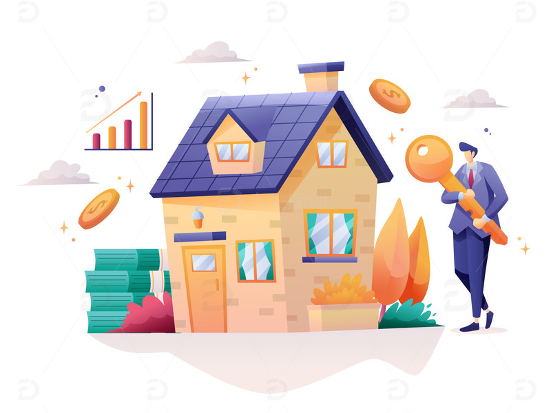 卡通房屋建筑住宅洋房卡通人物钥匙金币租房