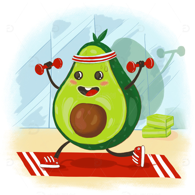 牛油果健身卡通形象地毯举哑铃手绘形象