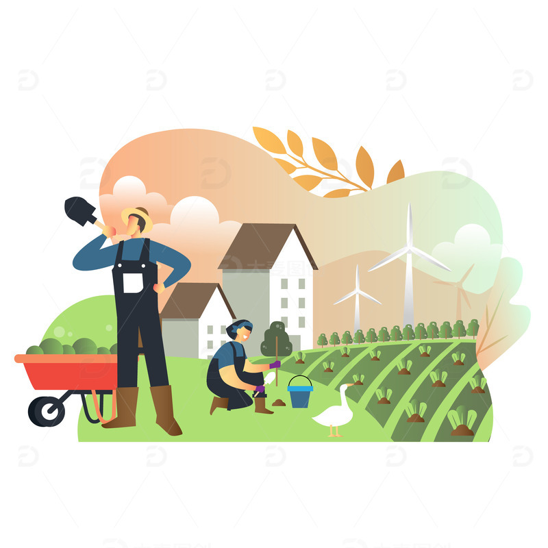 春天栽树种树植树节推车风车春天场景扁平