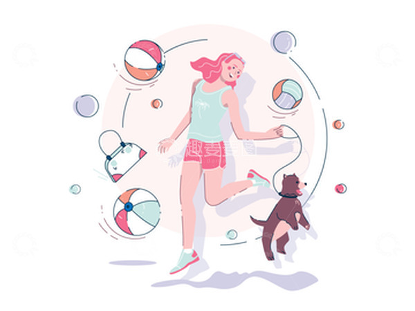 源文件下载【趣麦麦图】女性遛狗逗狗玩耍皮球扁平