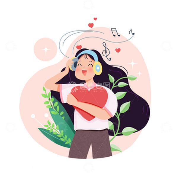 源文件下载【趣麦麦图】听音乐长发女生扁平风妇女节手绘人物小场景