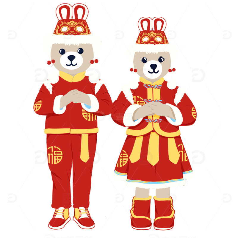 春节插画熊IP形象过年节日节气拜年