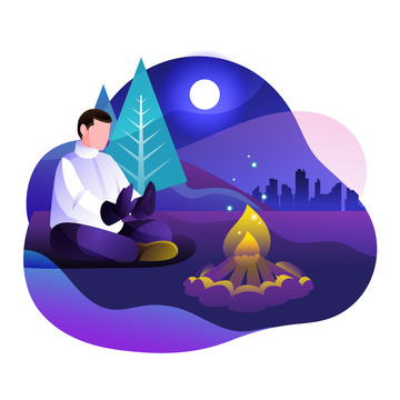 露营户外篝火度假夜晚矢量扁平