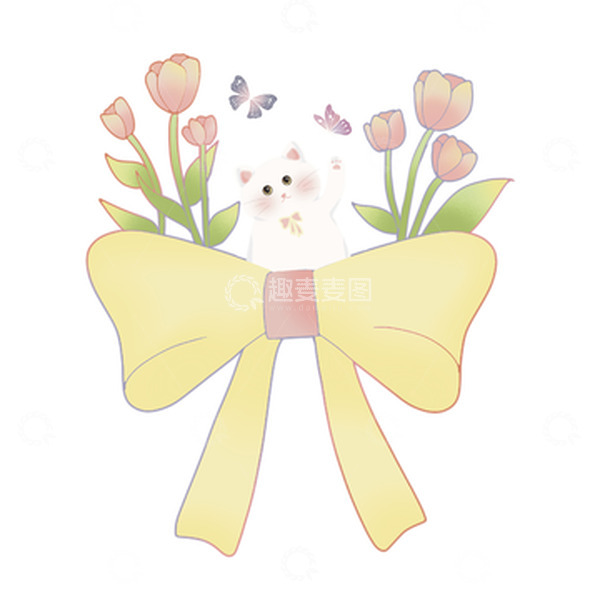 源文件下载【趣麦麦图】春天猫咪郁金香蝴蝶