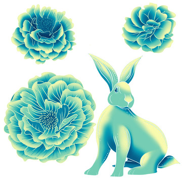国潮青绿色中国风杜鹃花兔子免扣插画可换色