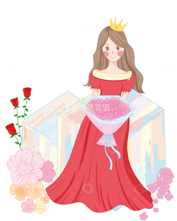 源文件下载【趣麦麦图】三八女神节女王手捧鲜花手绘元素