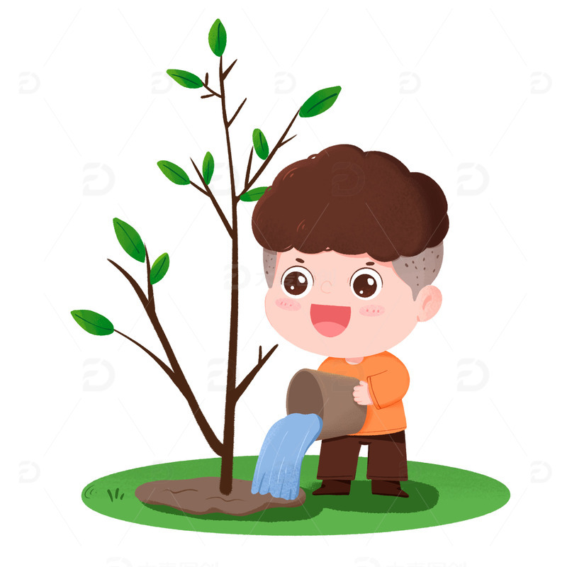 男孩拿着水桶给树苗浇水免抠元素