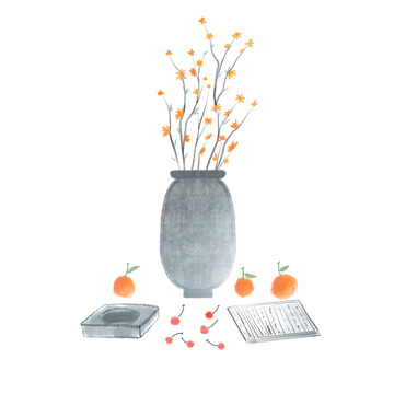 手绘水墨古风迎春花古典中式花瓶砚台书本