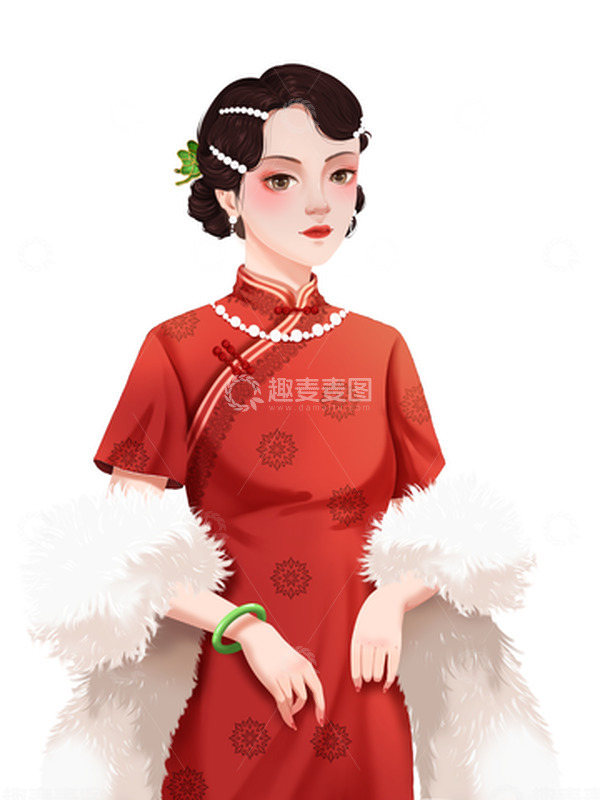 源文件下载【趣麦麦图】妇女节精致复古旗袍人物手绘元素