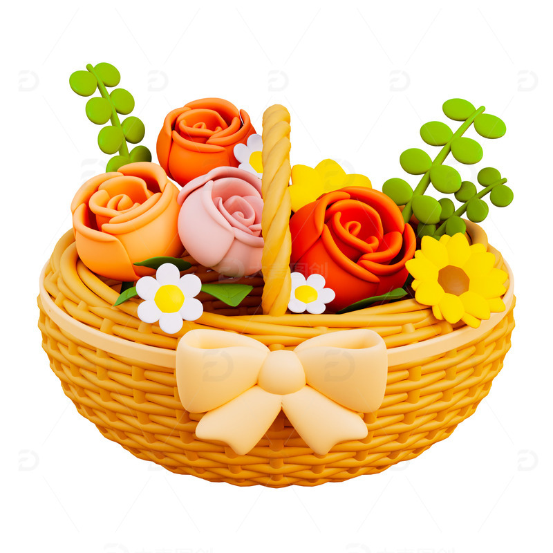 3D卡通装满鲜花的篮子