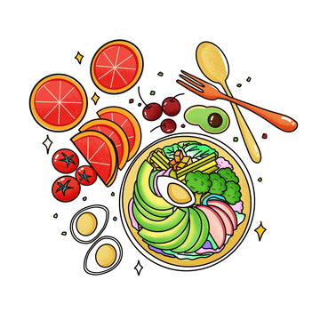 描边漫画风餐饮美食早餐水果沙拉