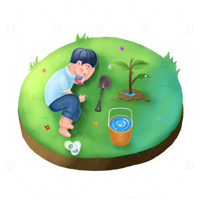 源文件下载【趣麦麦图】植树节，睡觉，种树，