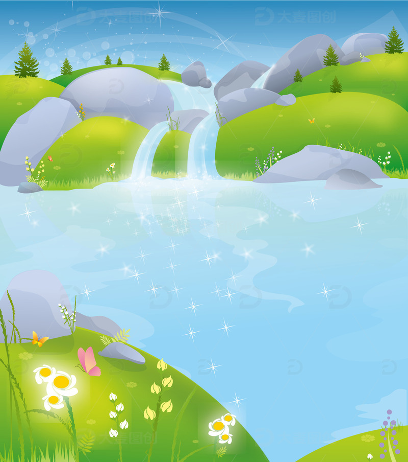 春天背景河流草地花朵春天场景春分扁平
