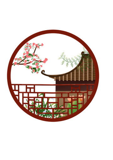江南古风窗植物桃花屋檐春天