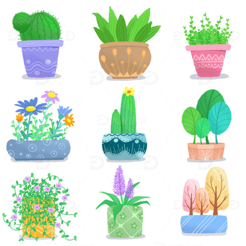 源文件下载【趣麦麦图】手绘卡通小清新盆栽