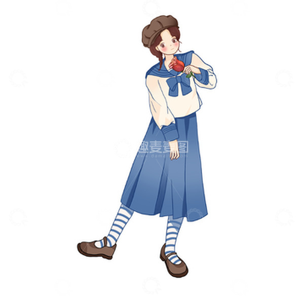 源文件下载【趣麦麦图】学院风拿玫瑰花女生妇女节精品手绘图