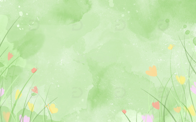 手绘水彩春天绿色花朵小草晕染纹理背景