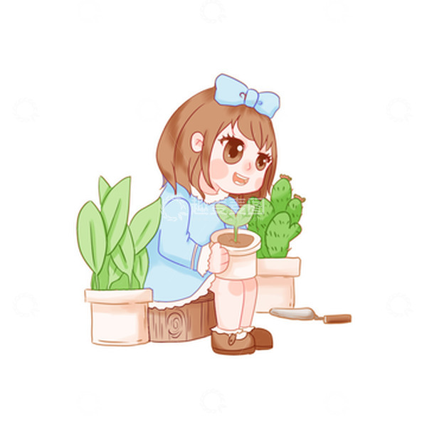 源文件下载【趣麦麦图】植物花盆种花树苗小女孩树叶可爱春天