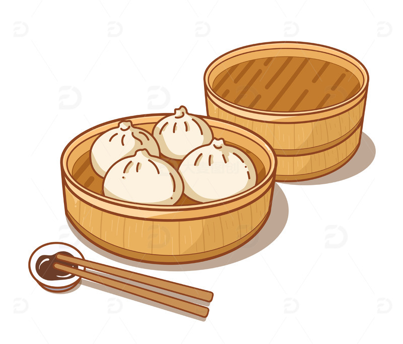 矢量插画一蒸笼包子蘸料