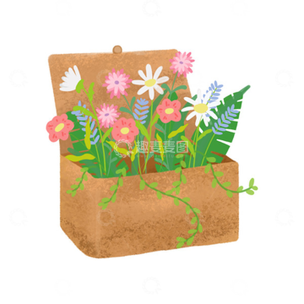 源文件下载【趣麦麦图】春天花朵植物盛开木箱篮子插画
