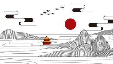 山水线条复古建筑夕阳纹理背景