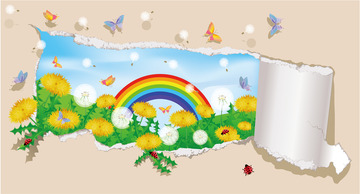 春天撕边效果纸质春天蝴蝶花朵彩虹质感纹理