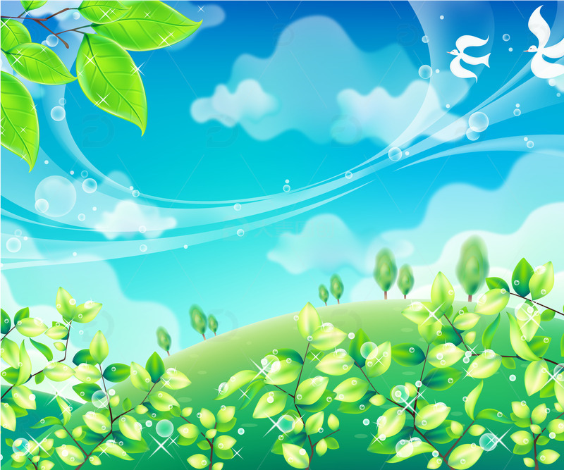 春天春季树枝绿叶蓝天春天场景