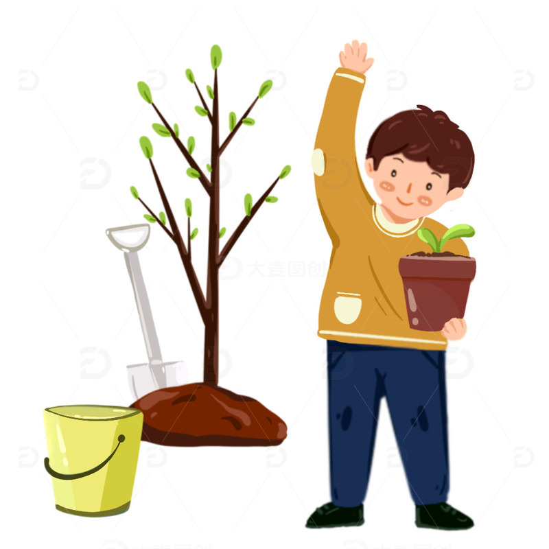 源文件下载【趣麦麦图】春天植树节节日人物种植小树苗浇水场景元素