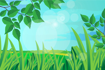 春天春天场景树枝绿叶草丛天空光晕光斑