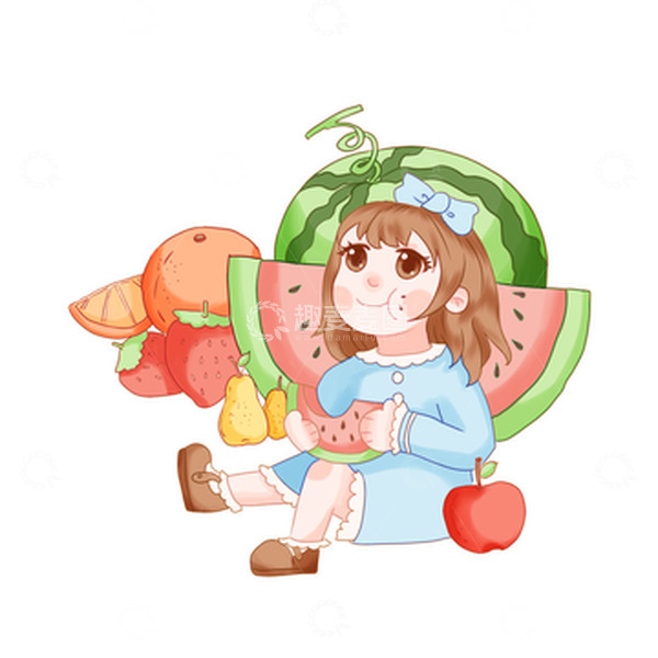 源文件下载【趣麦麦图】水果小女孩西瓜苹果草莓橘子梨子吃水果