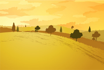 夕阳草地树木平原金黄天空