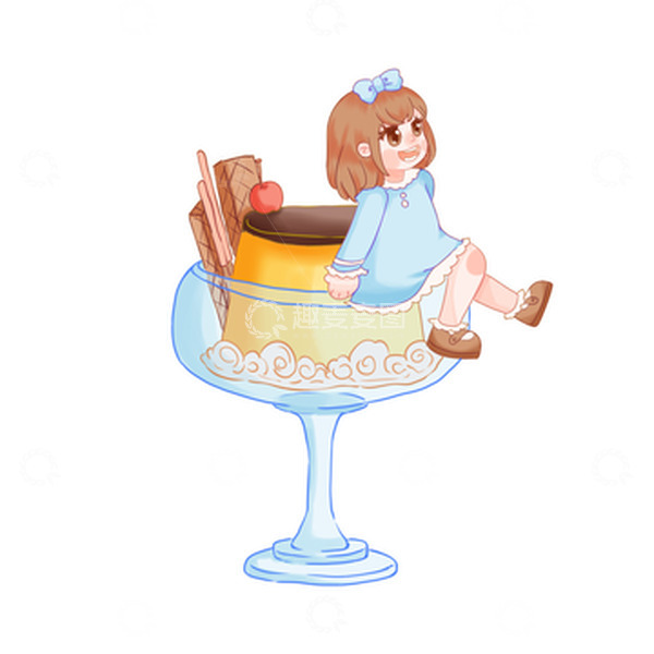 源文件下载【趣麦麦图】布丁甜品零食小女孩吃东西杯子奶油