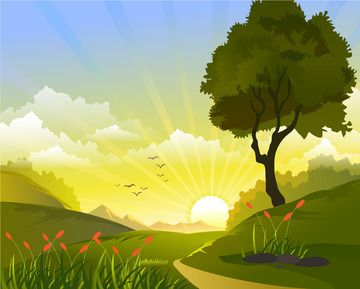 春天春季夕阳草地树木春天场景天空