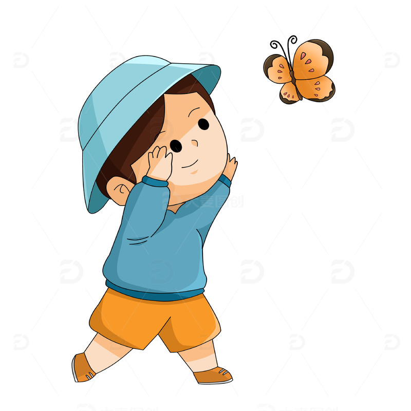 春天捉蝴蝶的卡通可爱男孩