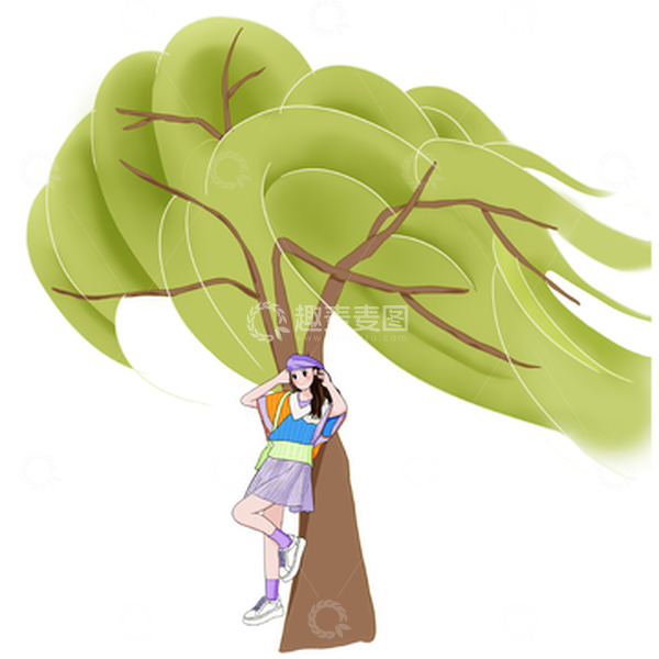 源文件下载【趣麦麦图】春风吹拂柳树下的女孩春分场景穿搭扁平风