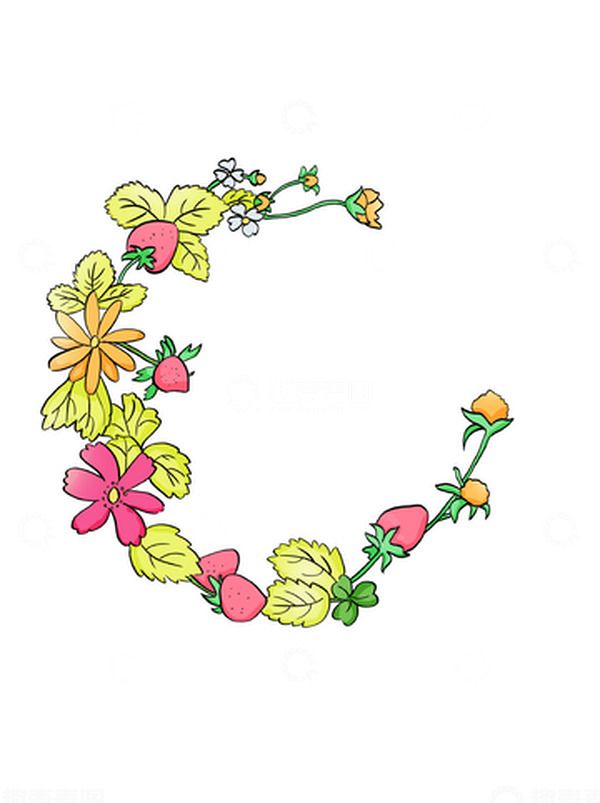 源文件下载【趣麦麦图】小清新简约手绘绿色植物草莓花环