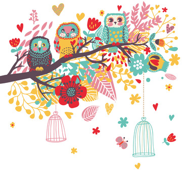 花朵树枝猫头鹰飘落剪纸元素