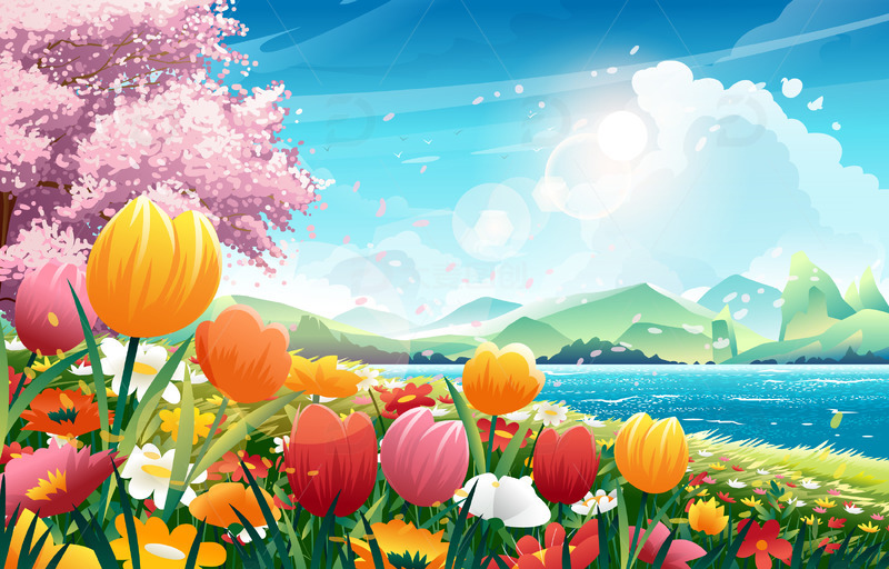 春天春季春分惊蛰手绘花朵郁金香花丛鲜花