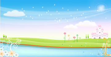 春天春季水面梦幻天空云朵花朵草地