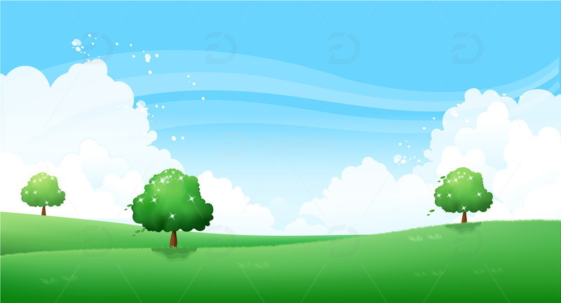 春天春季草地树木蓝天白云简约背景