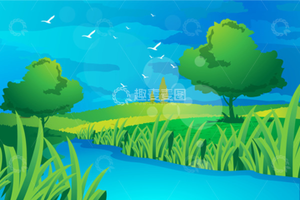 源文件下载【趣麦麦图】春天春季草地水面飞鸟树木蓝天